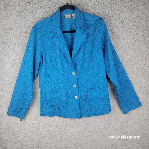 Chicos Blue Textured Crinkle Blazer Jacket Size 1 Medium Statement Career - Picture 4 of 15